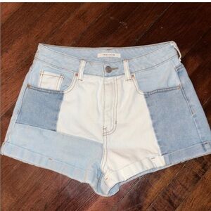 PacSun Light Blue and Cream Patchwork Denim Shorties